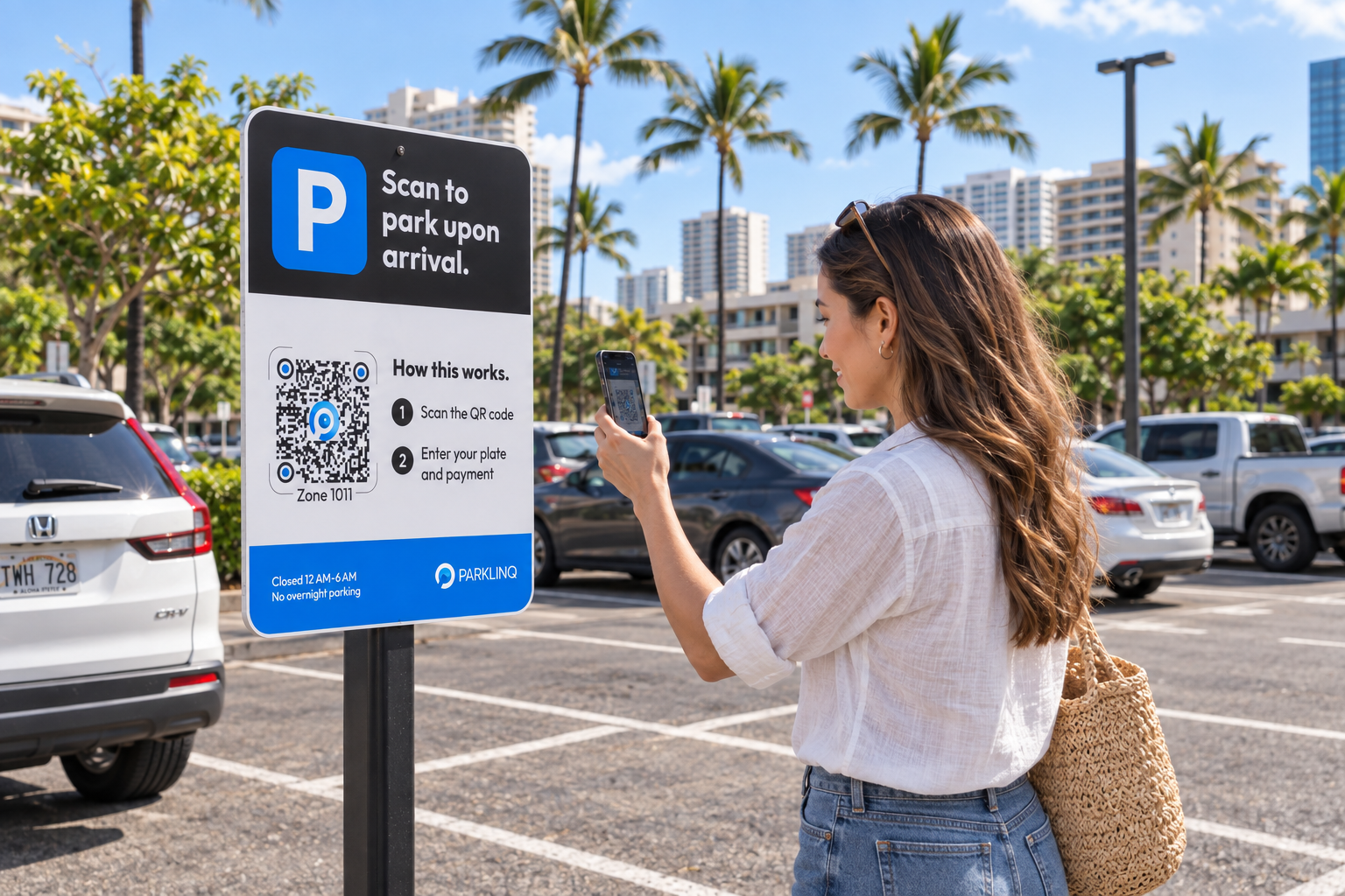 Driver following a PARKLINQ parking sign
