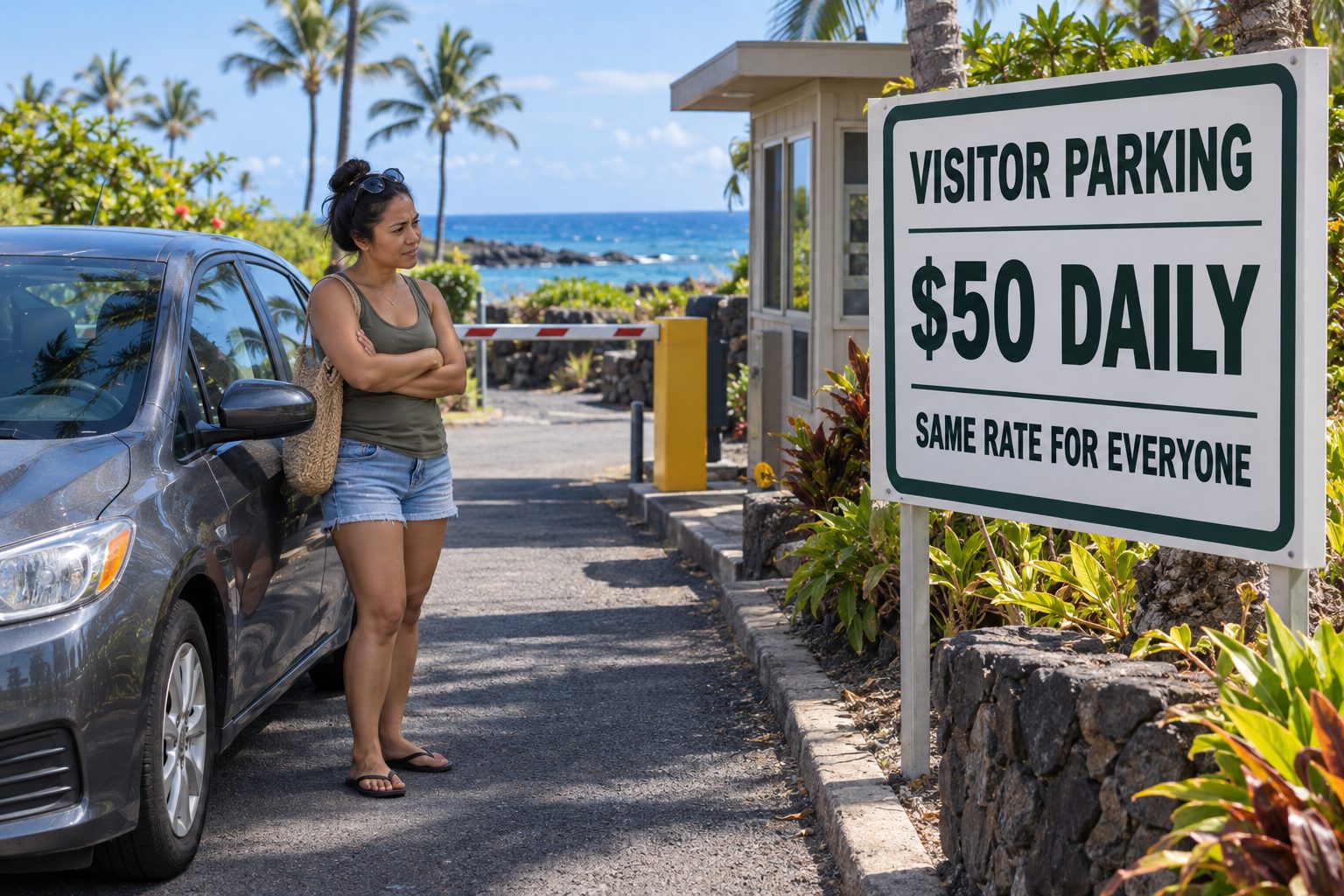 Example visitor parking sign charging the same $50 daily rate to everyone