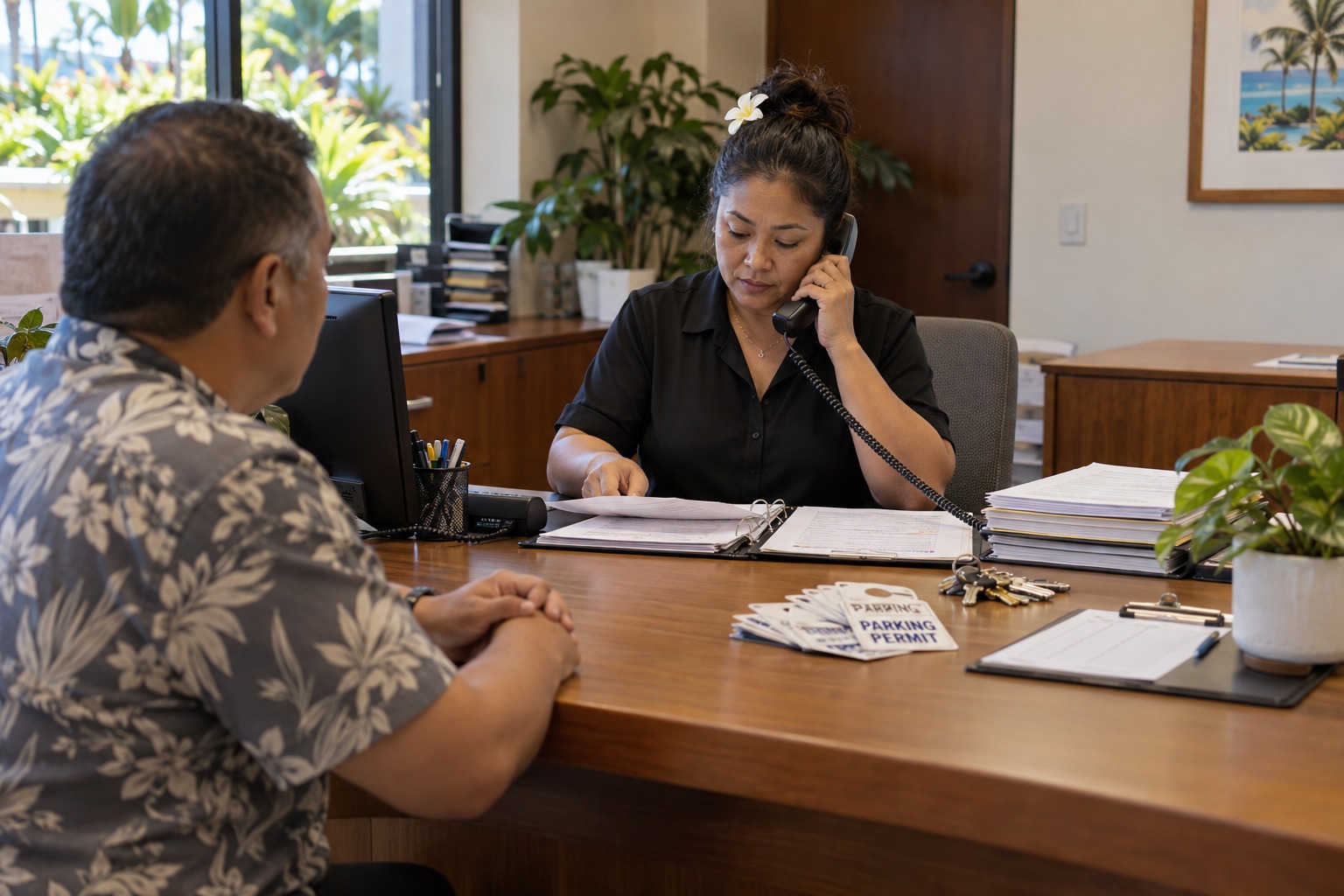 Example staff member handling a parking phone call, paper permits and a waiting customer