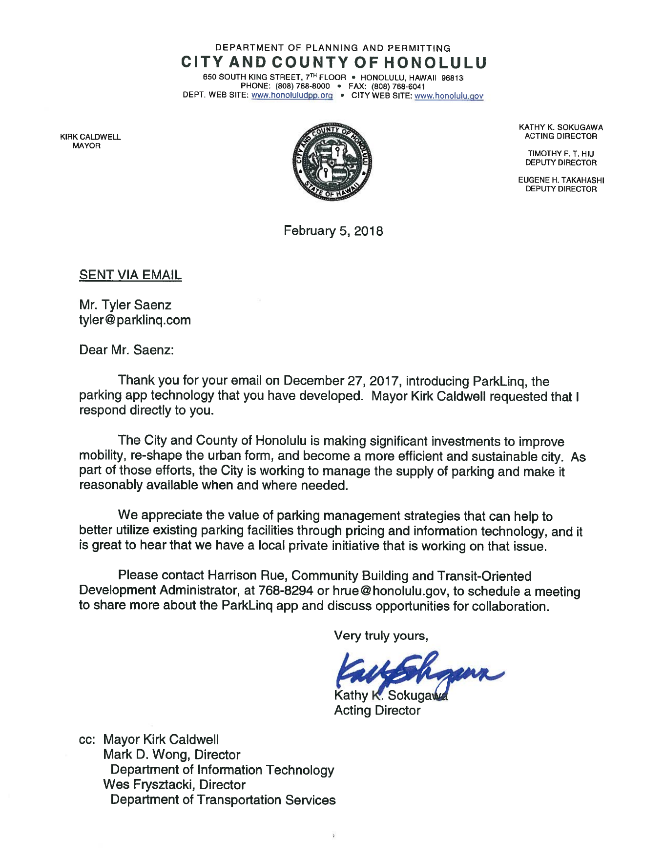Original letter dated February 5, 2018 from Honolulu’s Department of Planning and Permitting to Tyler Saenz, welcoming PARKLINQ’s local initiative and inviting a discussion about collaboration.