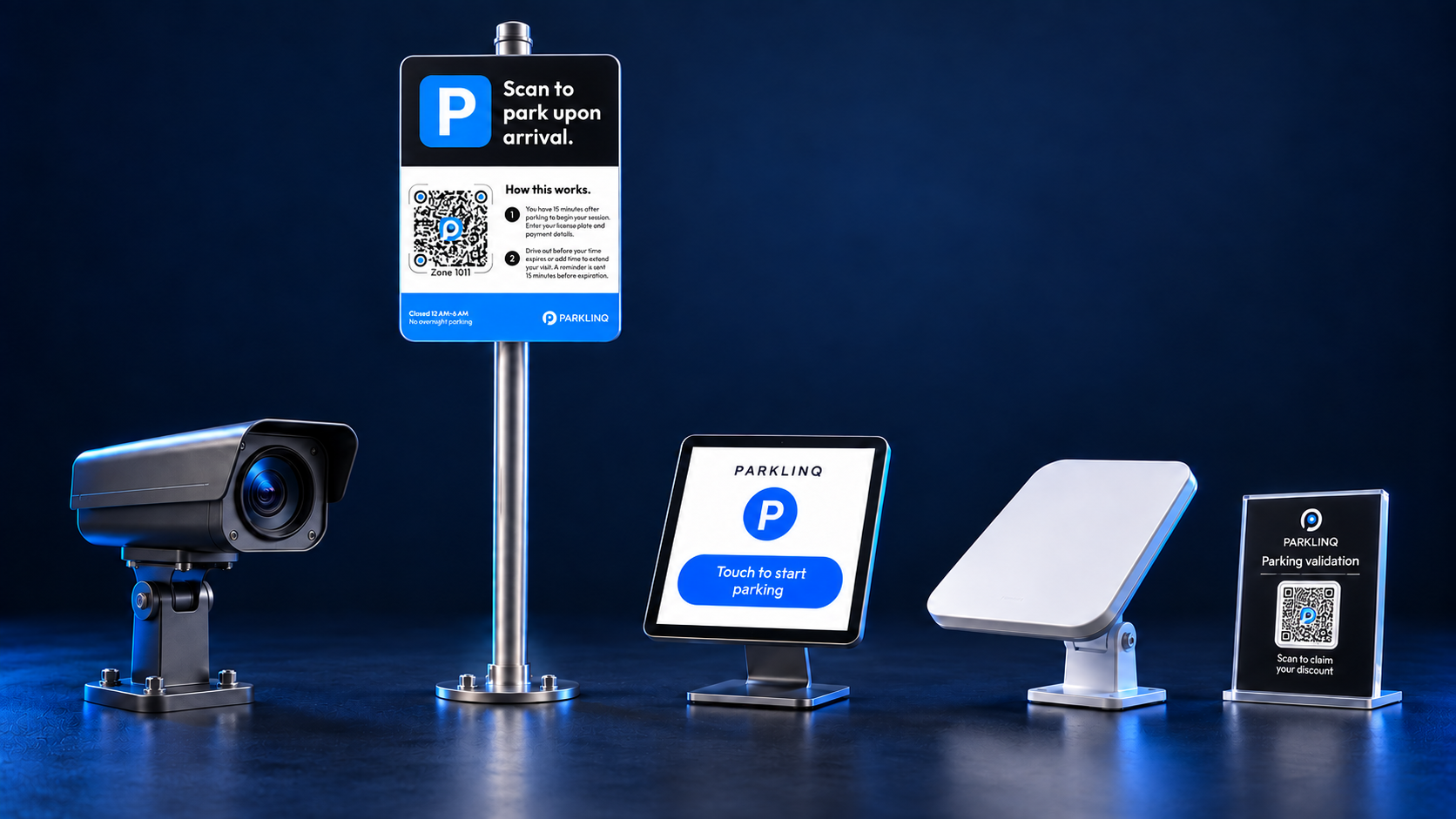 PARKLINQ equipment: camera, front-facing parking sign, Touch to start parking kiosk, Starlink terminal and tabletop QR validation display