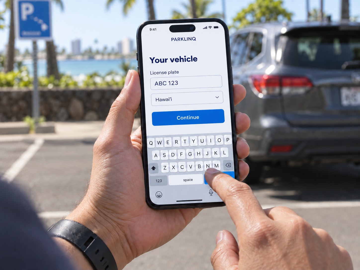 Driver entering a license plate on a phone