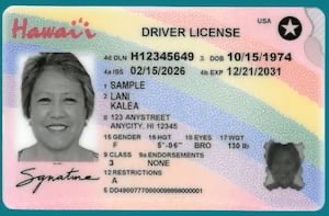 Sample Hawaiʻi driver’s license with the rainbow design