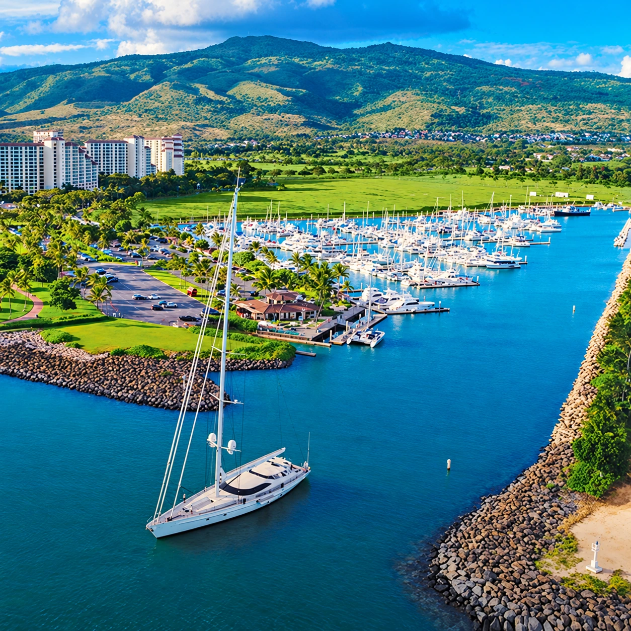 A marina with boats moored along its docks