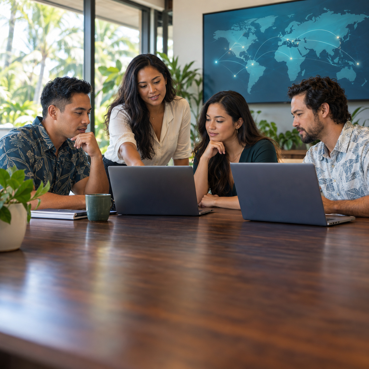 AI-generated illustration of a technology team collaborating around laptops and a global network map.