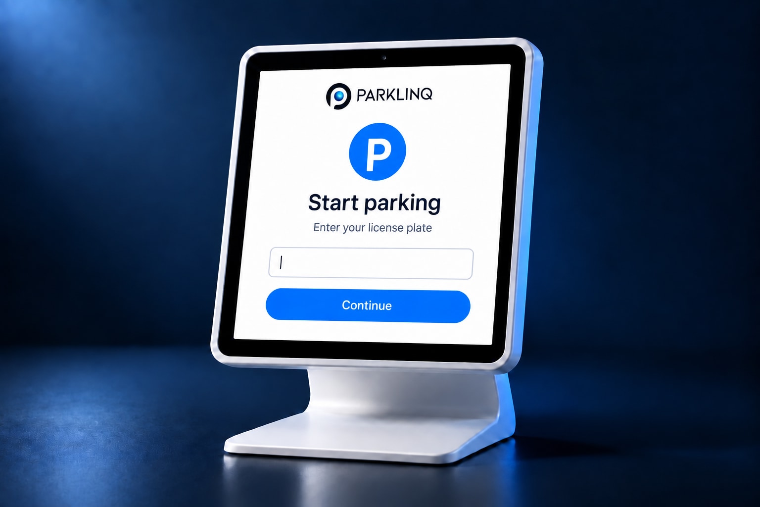 PARKLINQ tablet in a metal countertop stand