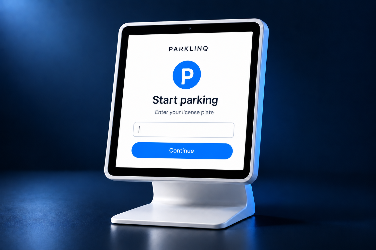 PARKLINQ tablet in a metal countertop stand for parking payments or validation