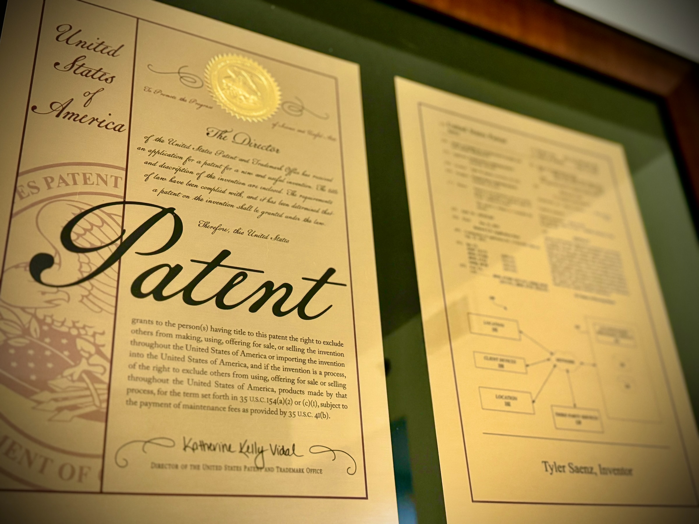 Framed U.S. patent certificate and invention diagram naming Tyler Saenz as inventor