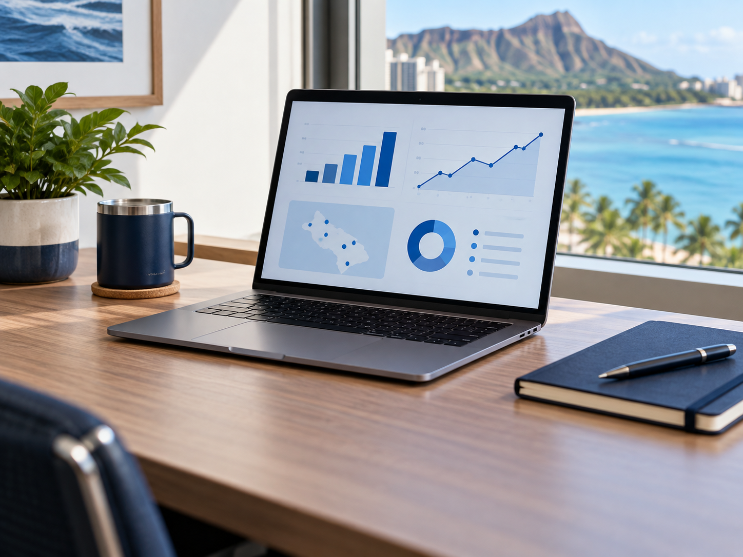 Laptop displaying example charts at a property manager’s desk