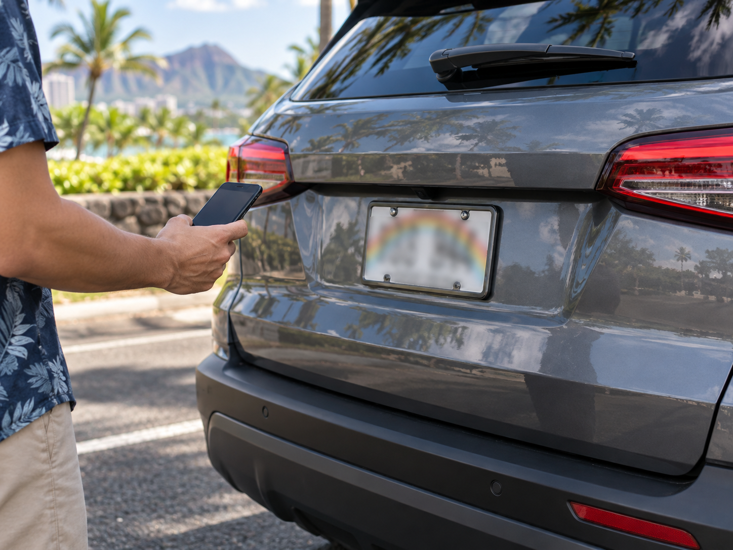 Driver checking vehicle details on a phone beside a parked car
