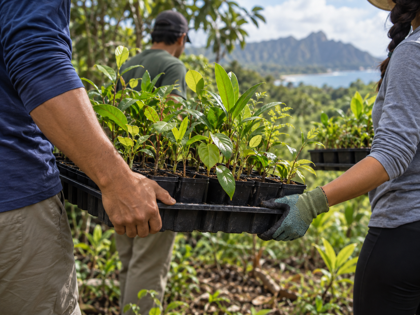 Volunteers preparing native seedlings for planting