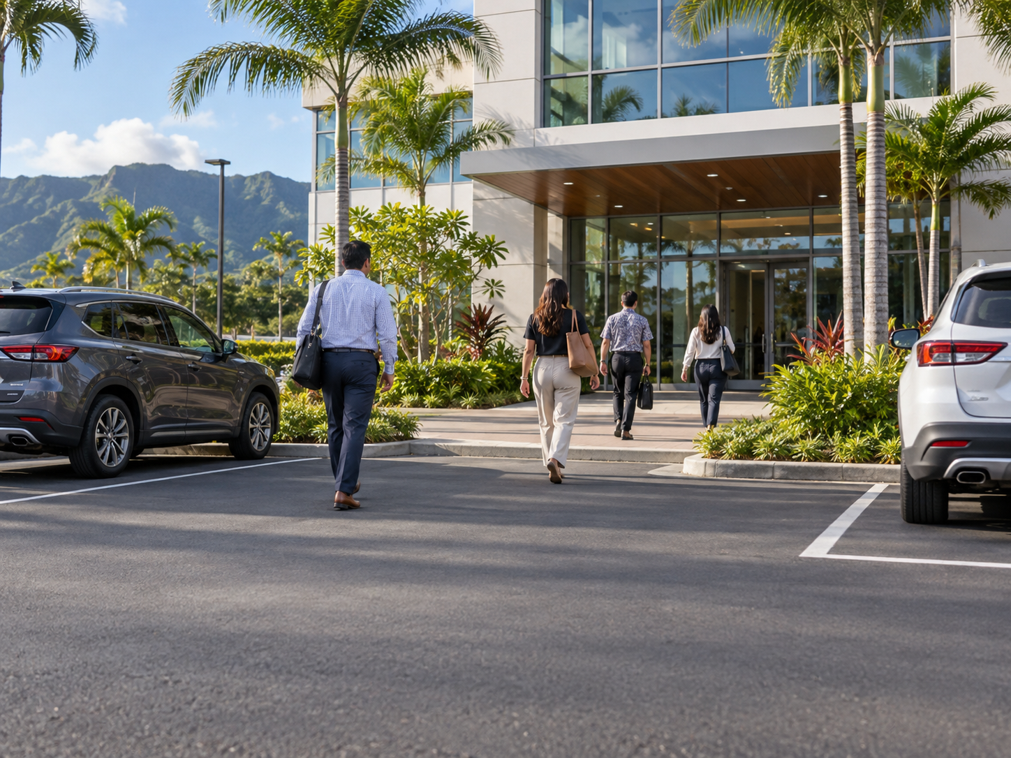 Employees walking from parked vehicles to their office