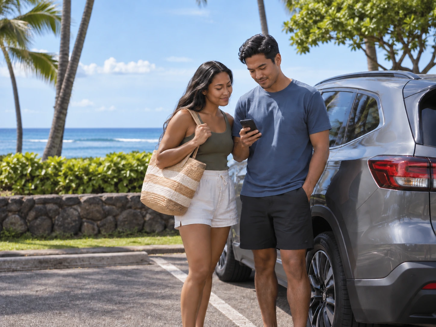 Couple checking a phone beside their parked vehicle in Hawaiʻi
