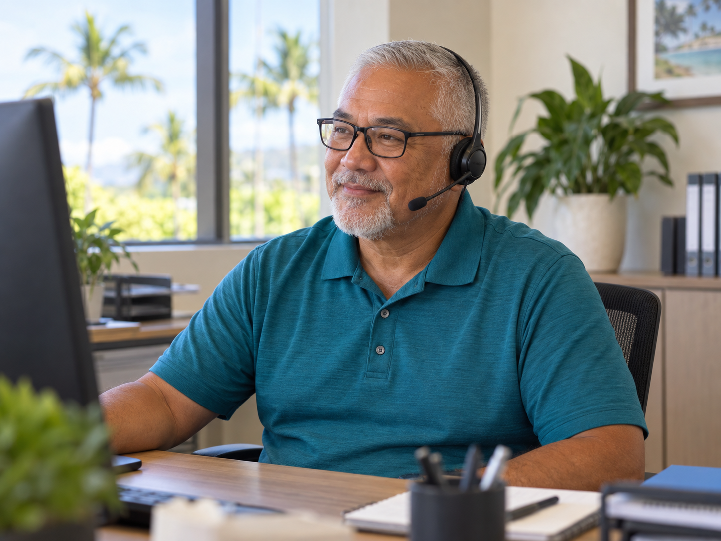 Illustration of a silver-haired support specialist with glasses and a headset in a Hawaiʻi office