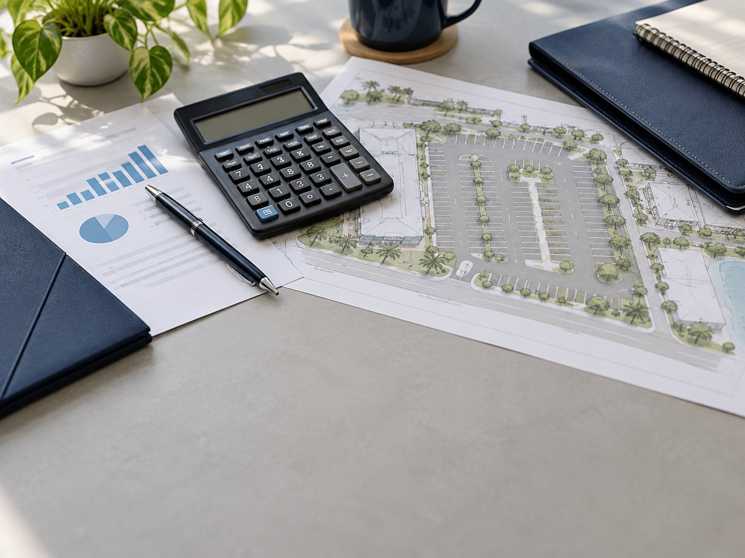 Calculator and financial paperwork on a property management desk