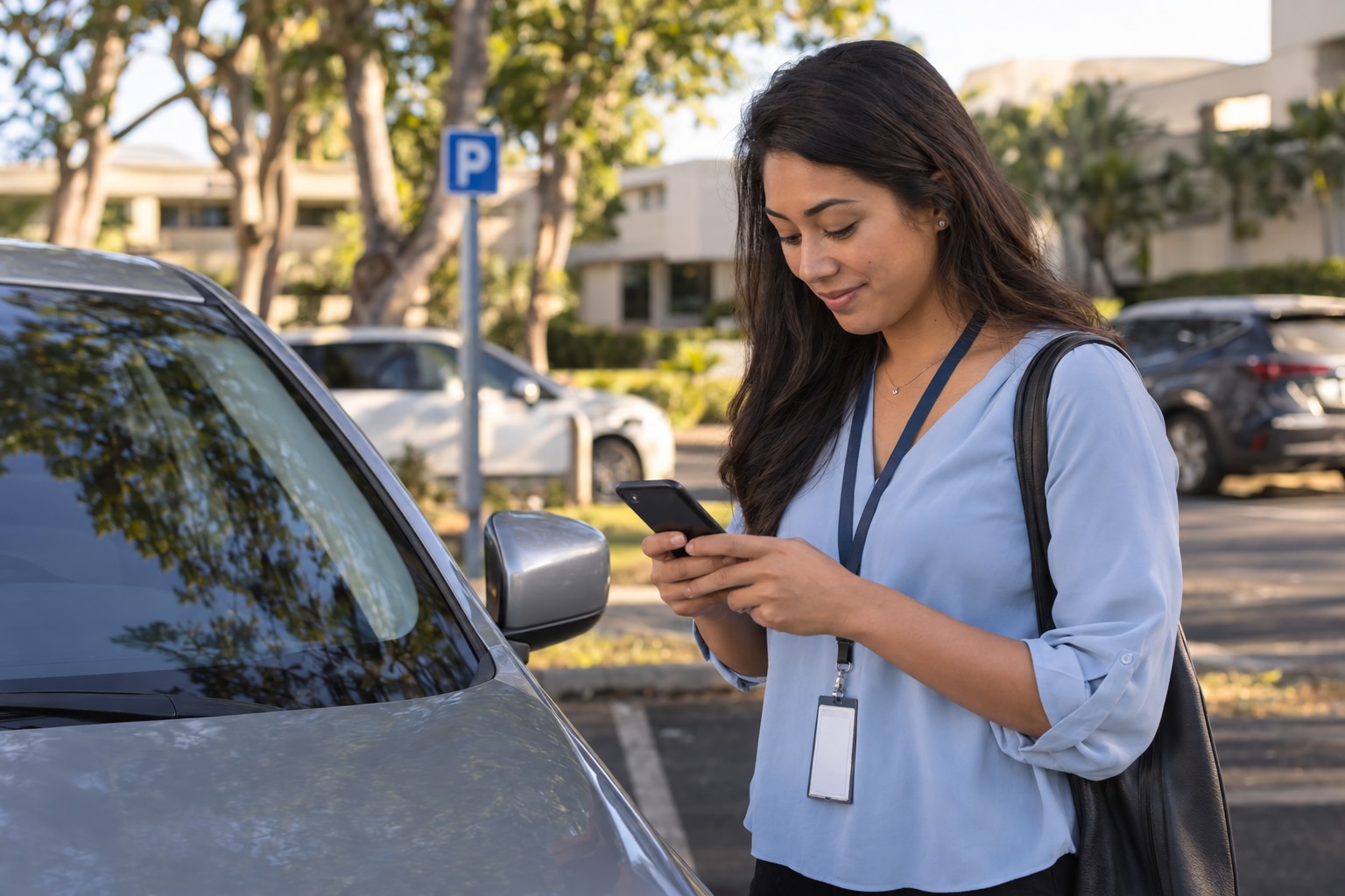 Illustration of a staff member checking parking access on a phone beside a parked car at a tropical campus