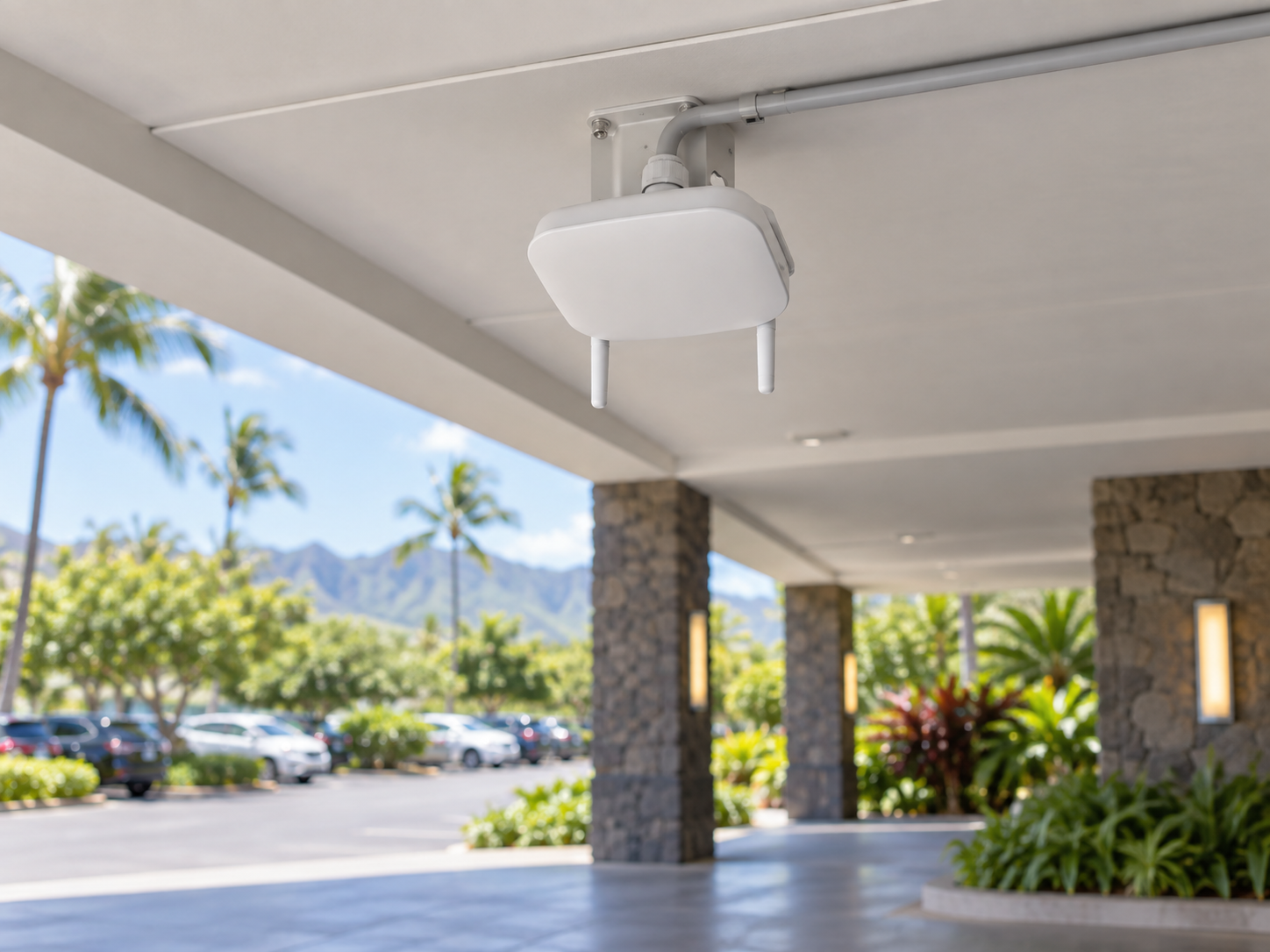 Outdoor Wi-Fi access point installed beneath a parking canopy