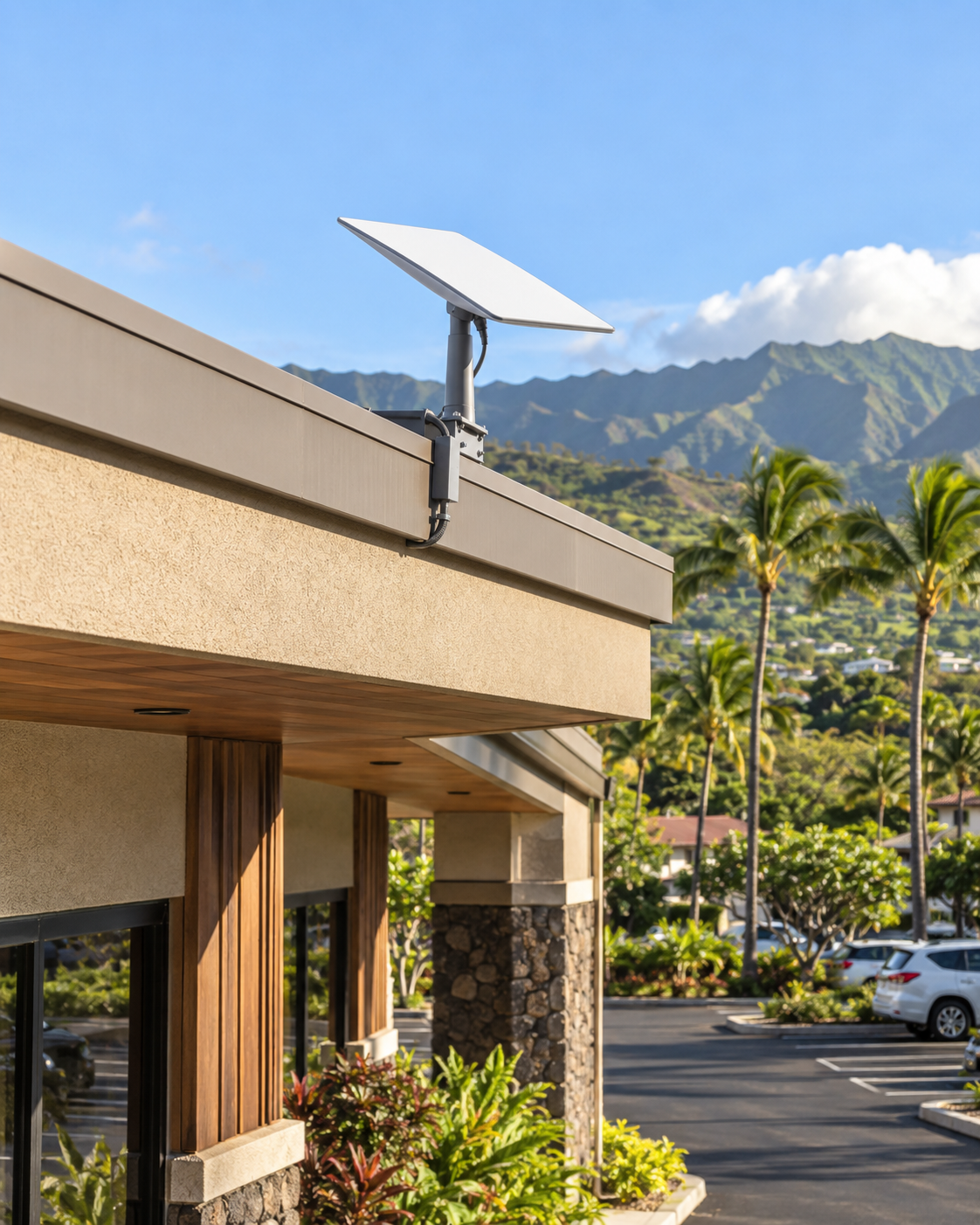 Photographic illustration of a compact satellite terminal mounted on a commercial building in Hawaiʻi