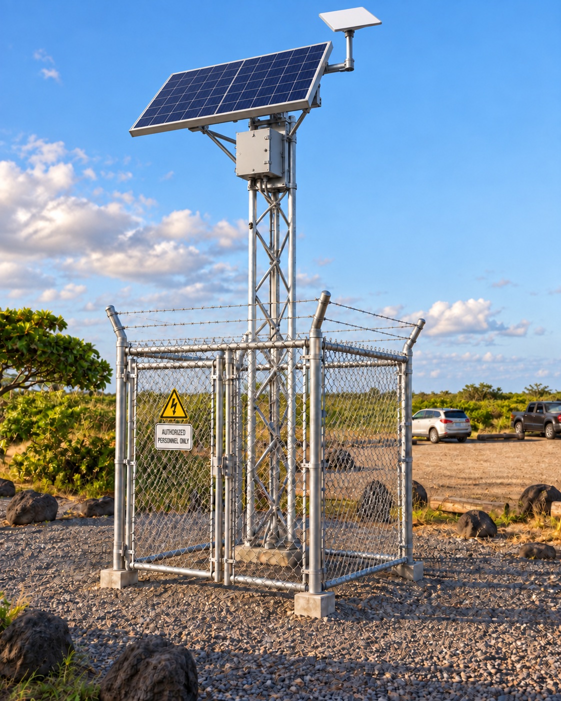 Illustration of a self-contained solar, battery and satellite internet tower for a site without power or internet